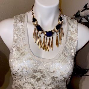 Brushed gold & translucent peacock blue resin choker lobster clasp/ adjustable.